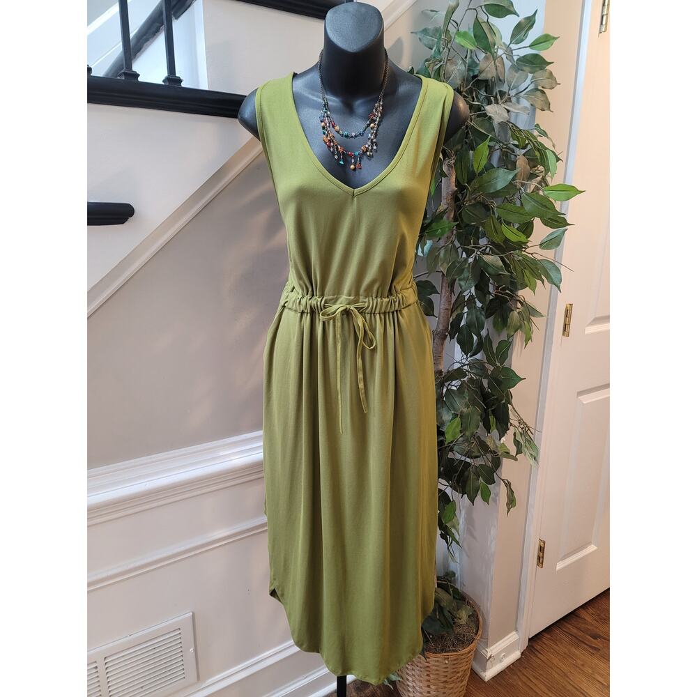 Capella Midi Dress Women Large Green V-Neck Cinched Drawstring Waist Curved Hem